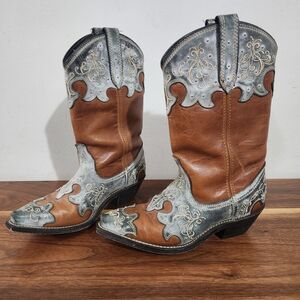 Rockin Country Leather Studded Cowboy Boots Brown Size 7M Distressed Western